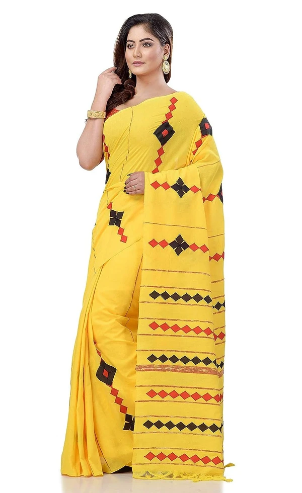 Handloom Cotton Aplique Saree - Yellow