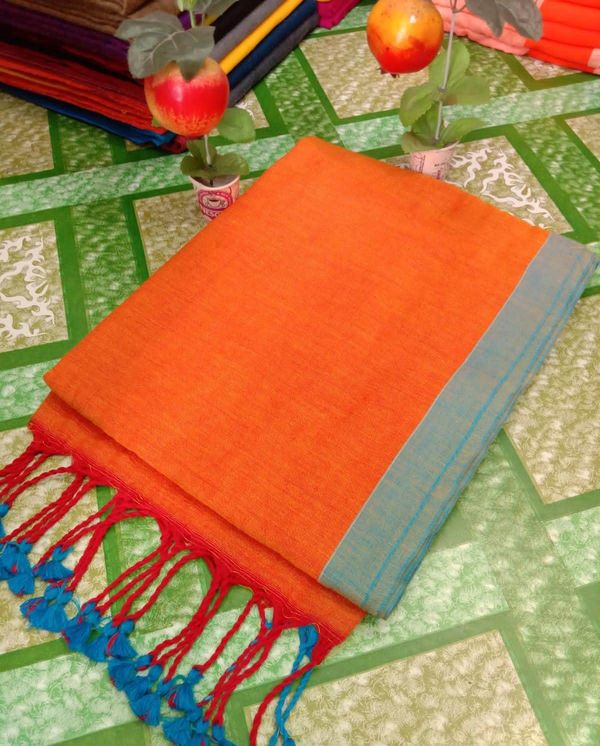 Handloom Contrast Border Cotton Saree - International Orange