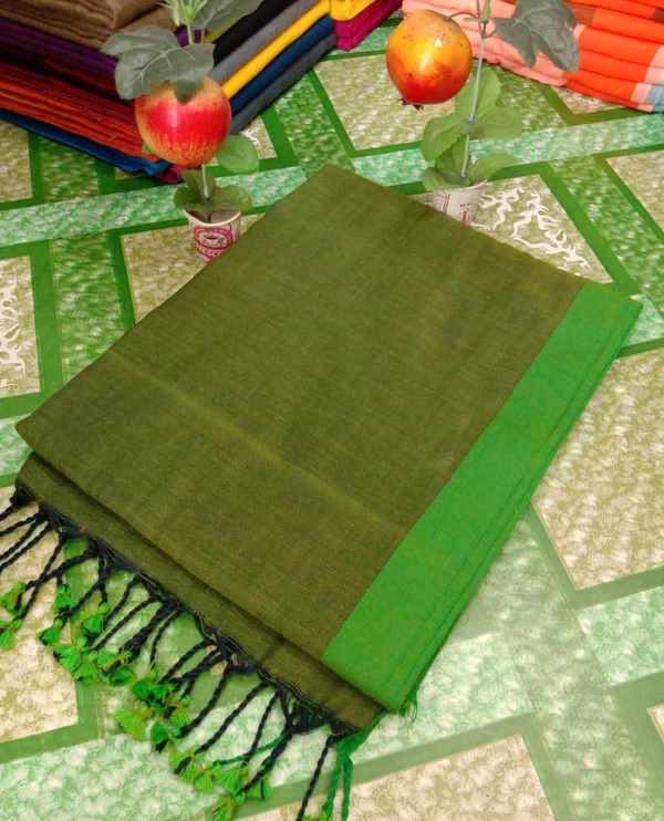 Handloom Contrast Border Cotton Saree - Thatch Green