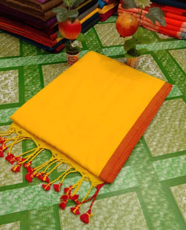 Handloom Contrast Border Cotton Saree - Yellow Orange