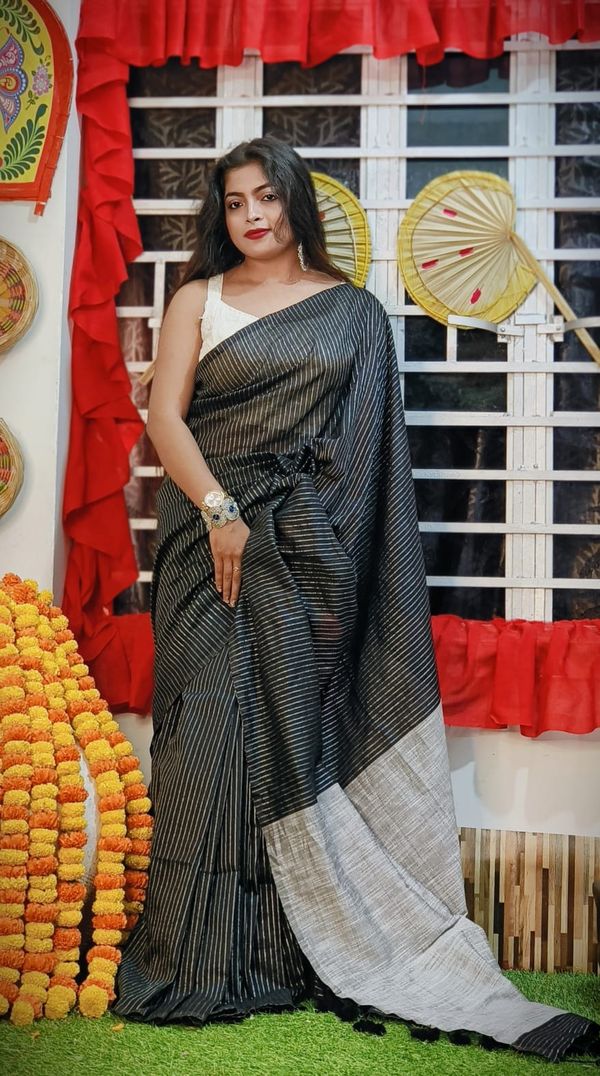 Handloom Zari Strip Gichha Pallu Saree - Black, Cotton (CK)