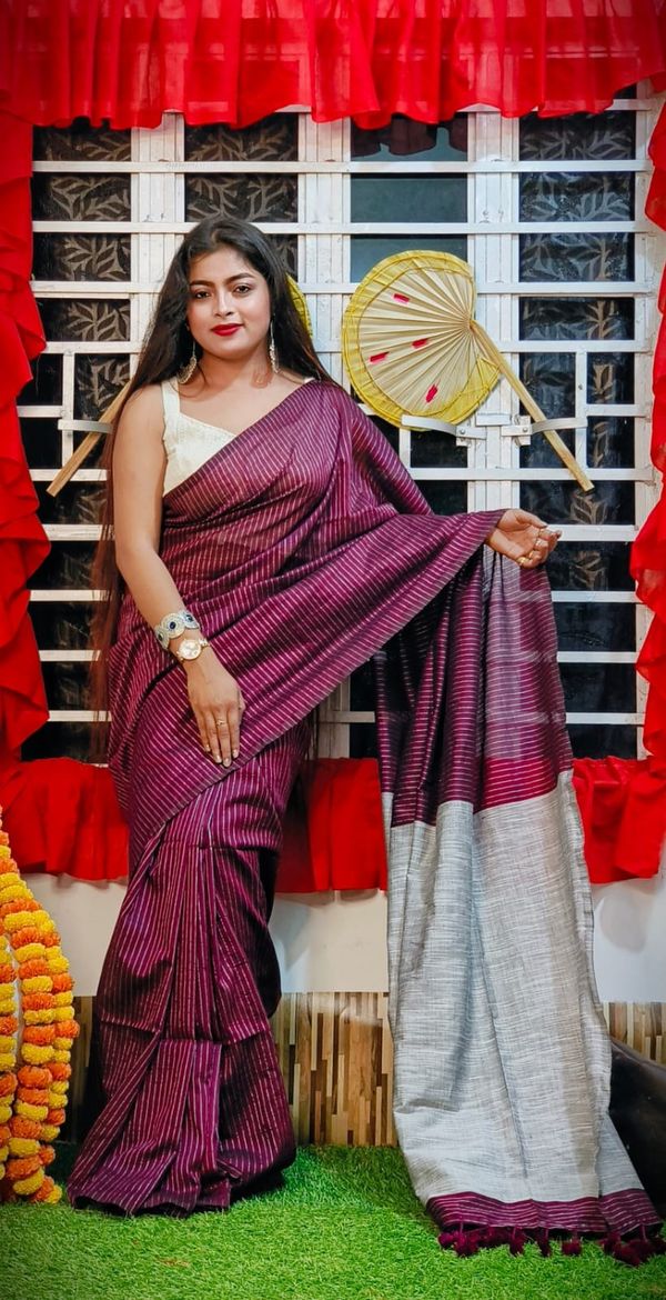 Handloom Zari Strip Gichha Pallu Saree - Pompadour, Cotton (CK)