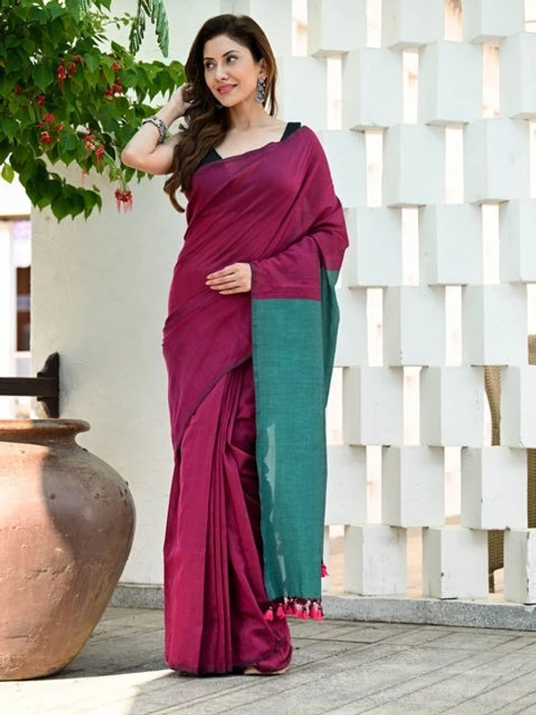 Handloom Solid Color Contrast Pallu Saree - Maroon, Cotton (CK)