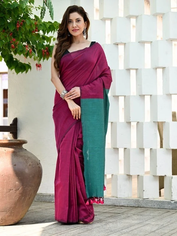 Handloom Solid Color Contrast Pallu Saree - Maroon, Cotton (CK)