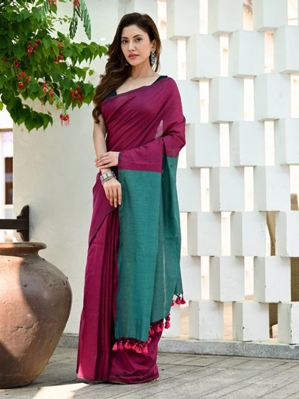 Handloom Solid Color Contrast Pallu Saree - Maroon, Cotton (CK)