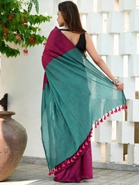 Handloom Solid Color Contrast Pallu Saree - Maroon, Cotton