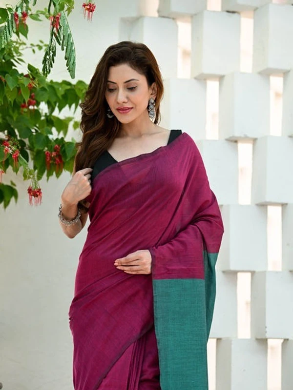 Handloom Solid Color Contrast Pallu Saree - Maroon, Cotton (CK)