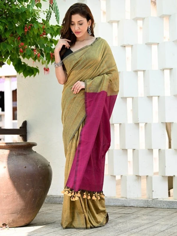 Handloom Solid Color Contrast Pallu Saree - Sahara, Cotton (CK)