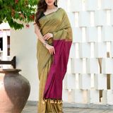 Handloom Solid Color Contrast Pallu Saree - Sahara, Cotton (CK)