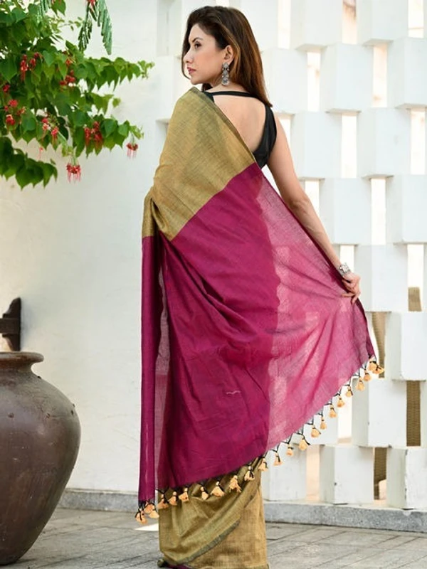 Handloom Solid Color Contrast Pallu Saree - Sahara, Cotton (CK)
