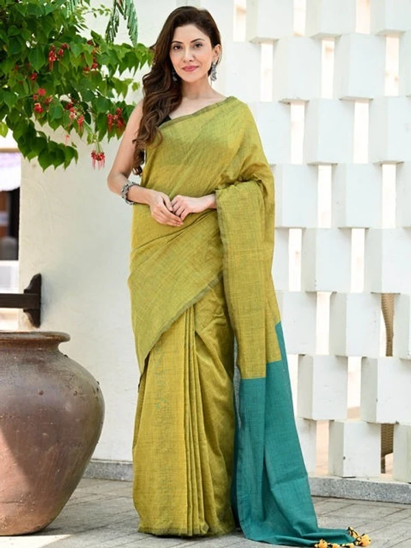 Handloom Solid Color Contrast Pallu Saree - Olive, Cotton (CK)