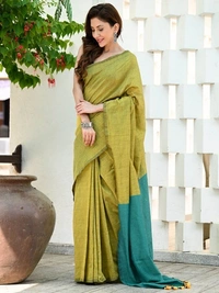 Handloom Solid Color Contrast Pallu Saree - Olive, Cotton