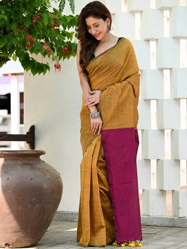 Handloom Solid Color Contrast Pallu Saree - Cape Palliser, Cotton (CK)