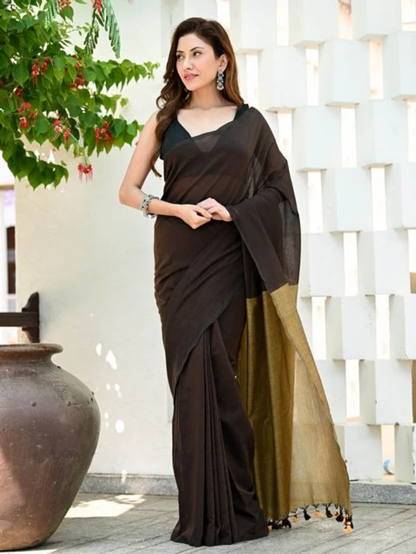Handloom Solid Color Contrast Pallu Saree - Black, Cotton (CK)