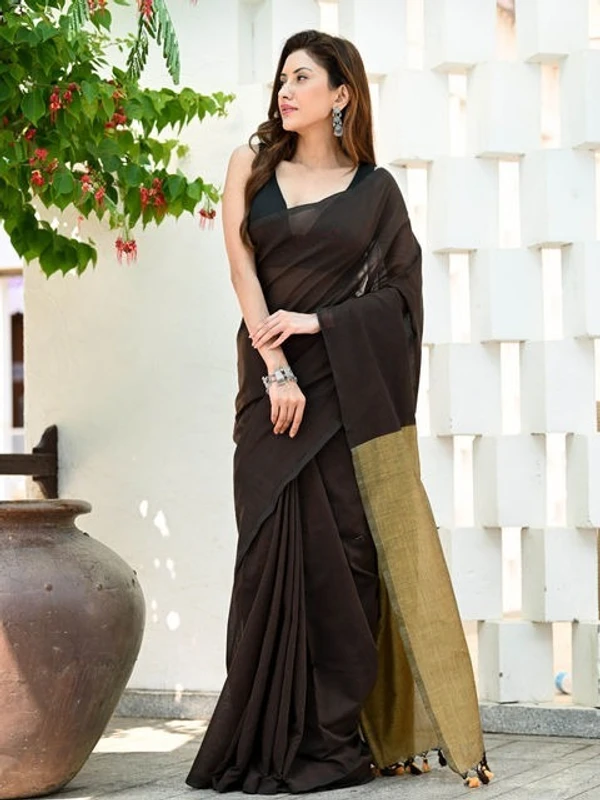 Handloom Solid Color Contrast Pallu Saree - Black, Cotton (CK)