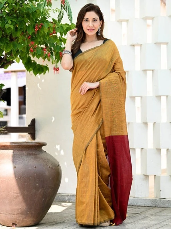 Handloom Solid Color Contrast Pallu Saree - Yellow Sea, Cotton (CK)