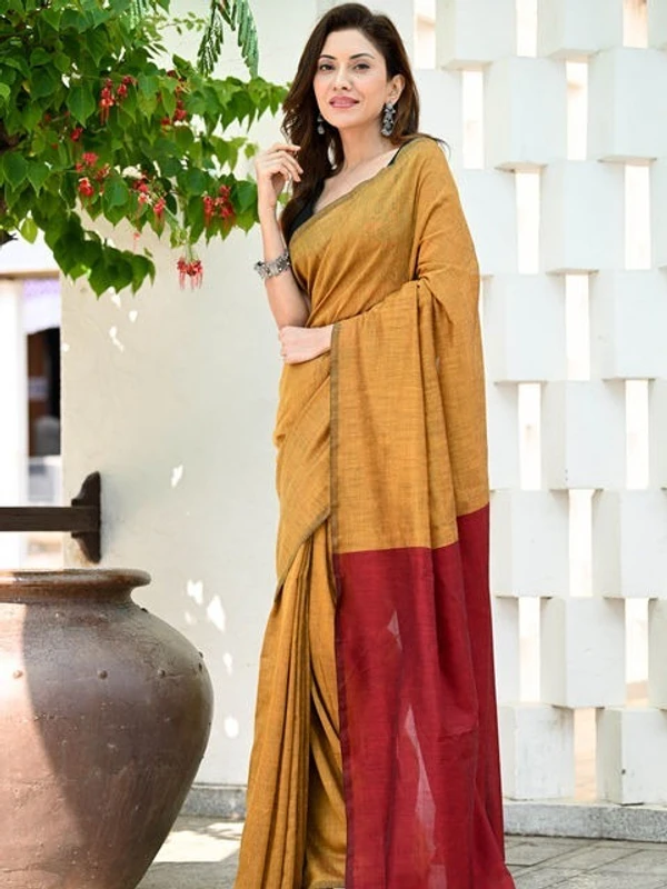 Handloom Solid Color Contrast Pallu Saree - Yellow Sea, Cotton (CK)