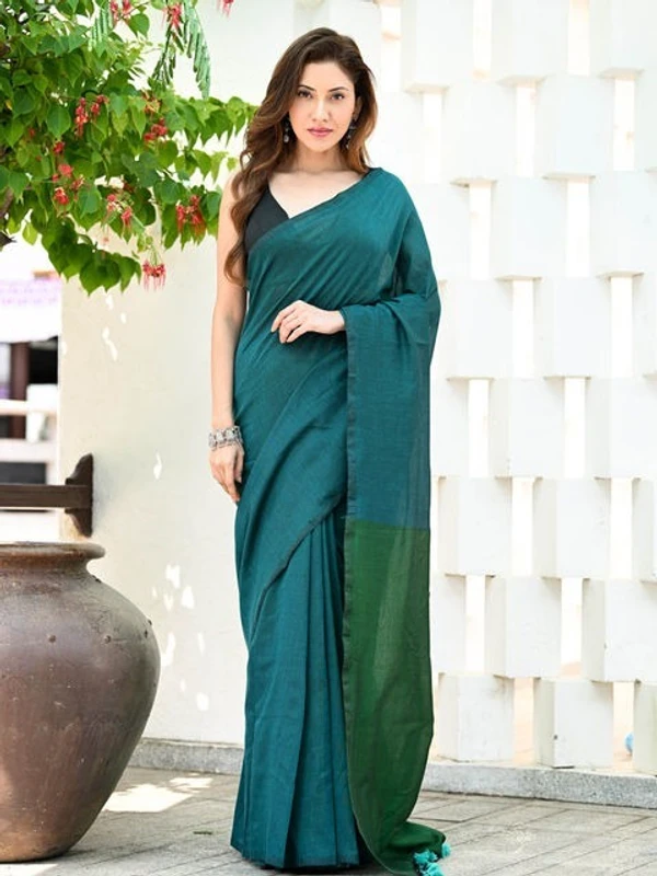 Handloom Solid Color Contrast Pallu Saree - Sea Green, Cotton (CK)