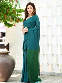 Handloom Solid Color Contrast Pallu Saree - Sea Green, Cotton (CK)