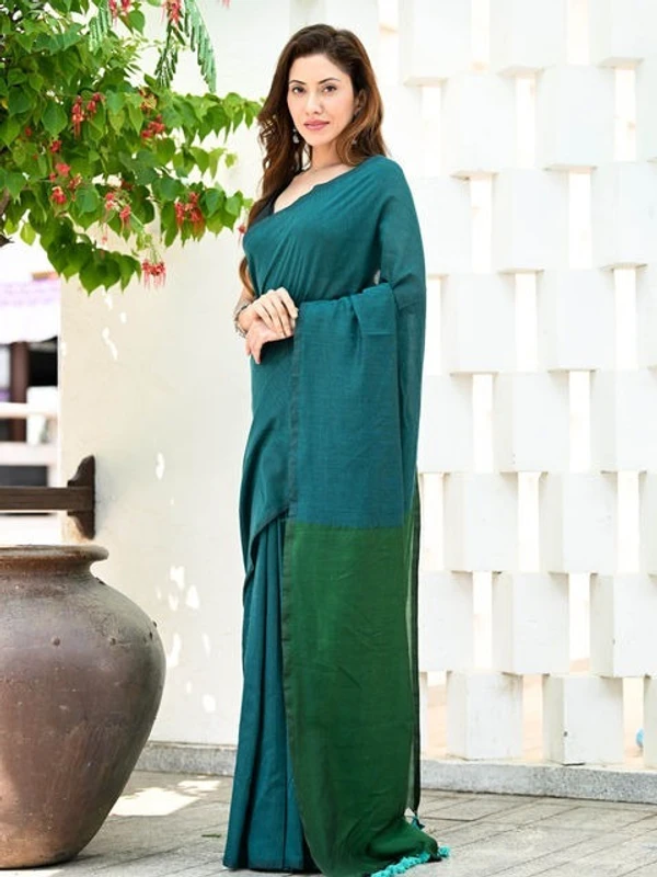 Handloom Solid Color Contrast Pallu Saree - Sea Green, Cotton (CK)