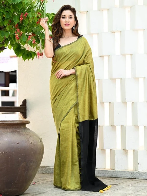 Handloom Solid Color Contrast Pallu Saree - Olive, Cotton (CK)