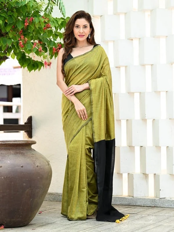 Handloom Solid Color Contrast Pallu Saree - Olive, Cotton (CK)