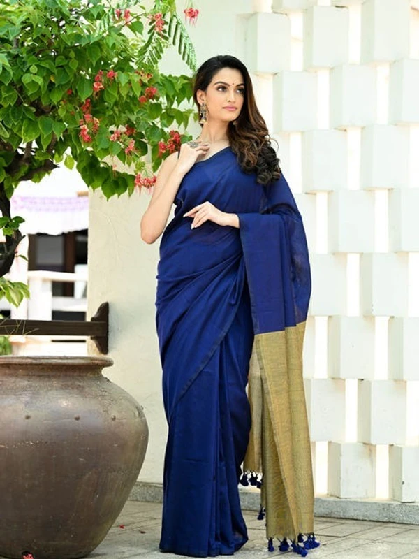 Handloom Solid Color Contrast Pallu Saree - Ultramarine, Cotton (CK)