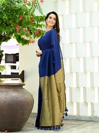 Handloom Solid Color Contrast Pallu Saree - Ultramarine, Cotton