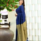 Handloom Solid Color Contrast Pallu Saree - Ultramarine, Cotton (CK)