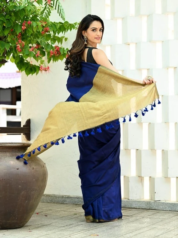 Handloom Solid Color Contrast Pallu Saree - Ultramarine, Cotton (CK)