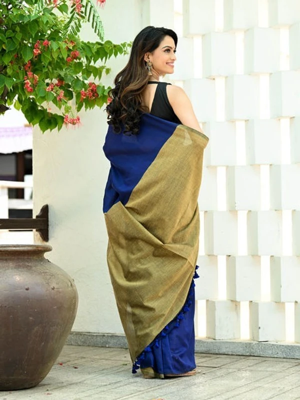 Handloom Solid Color Contrast Pallu Saree - Ultramarine, Cotton (CK)