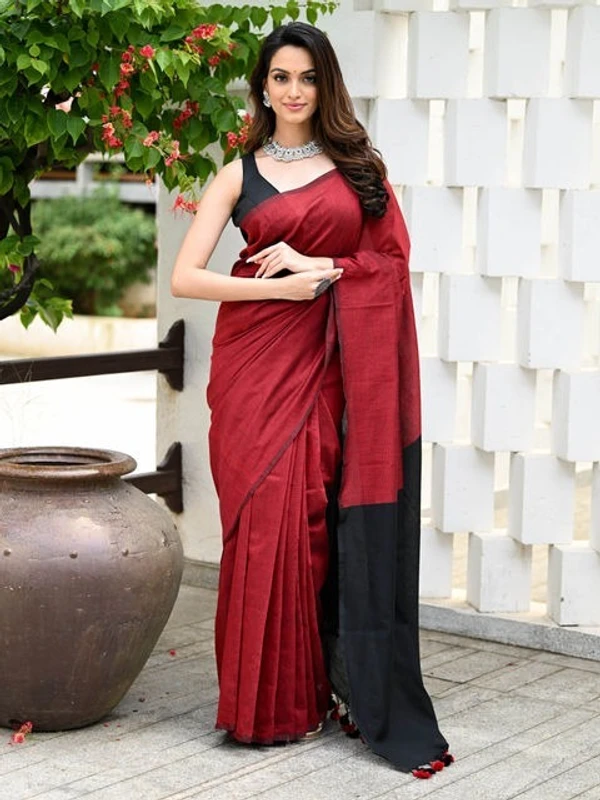 Handloom Solid Color Contrast Pallu Saree - Red, Cotton (CK)