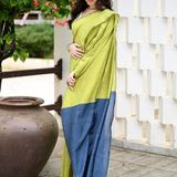 Handloom Solid Color Contrast Pallu Saree - Celery, Cotton (CK)