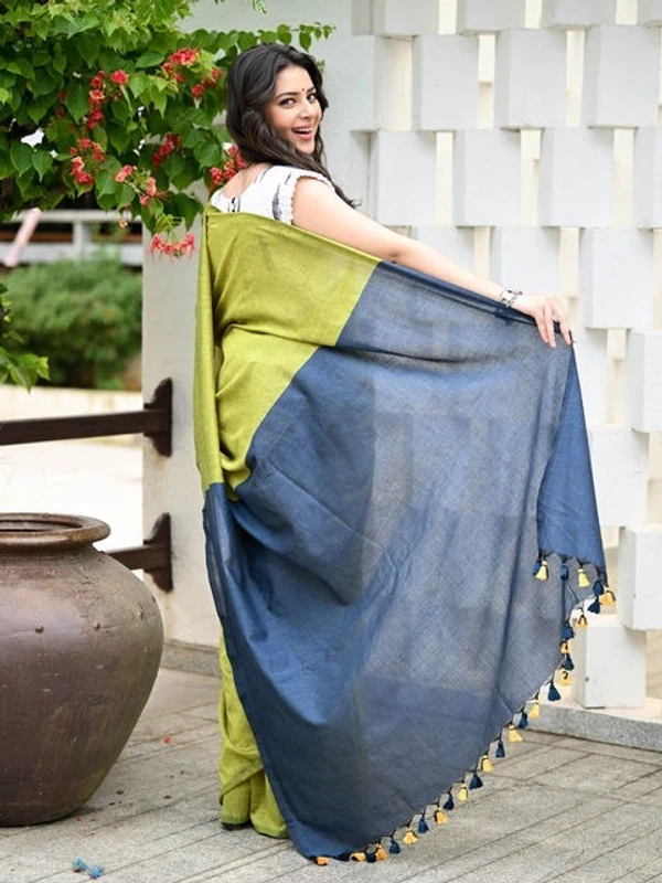 Handloom Solid Color Contrast Pallu Saree - Celery, Cotton (CK)