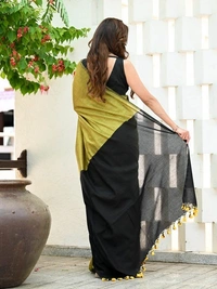 Handloom Mul Cotton Contrast Pallu Saree - Olive