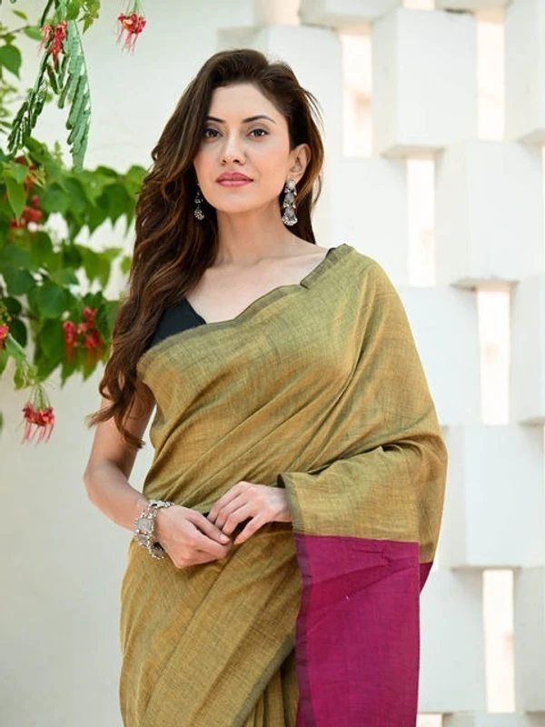 Handloom Mul Cotton Contrast Pallu Saree - Sahara