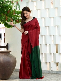 Handloom Mul Cotton Contrast Pallu Saree - Mexican Red