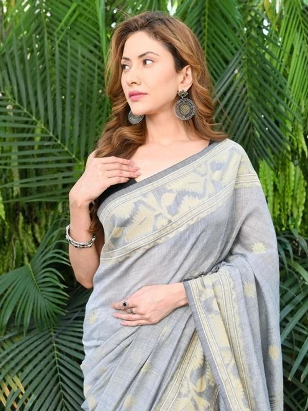 Handloom Jamdani Border Saree - Silver