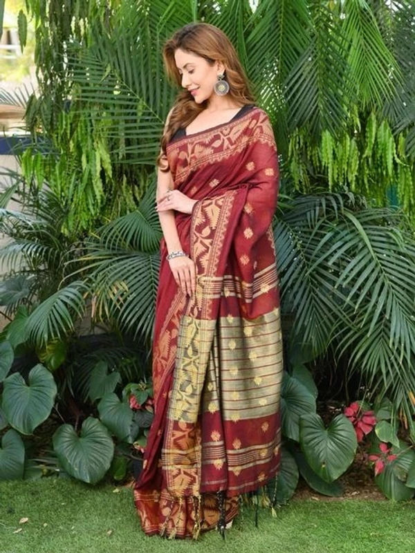 Handloom Jamdani Border Saree - Guardsman Red