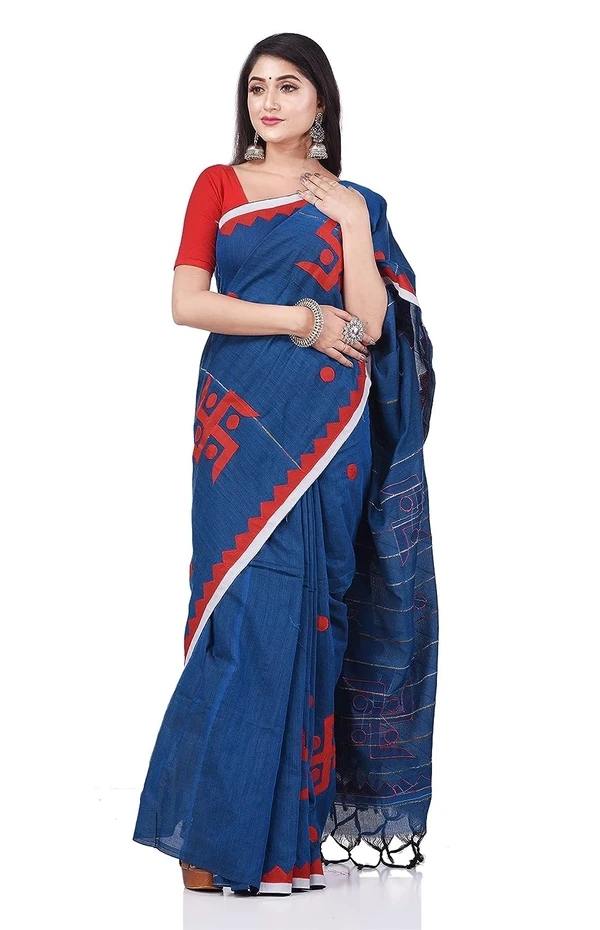 Handloom Swastika Aplique Saree - Blue, Cotton Silk