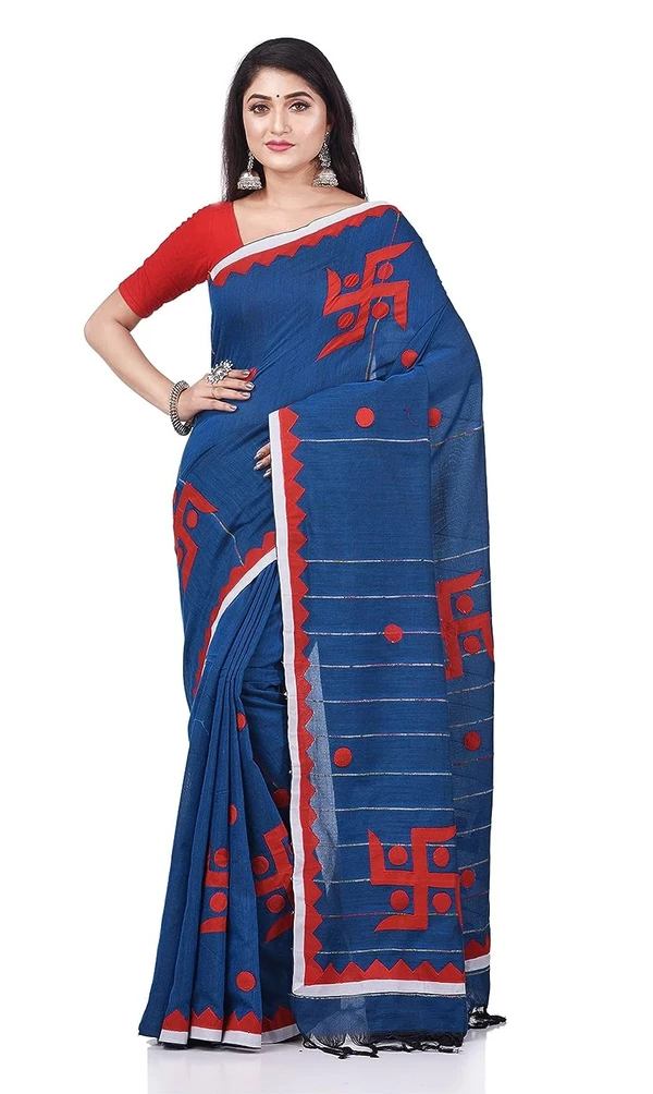 Handloom Swastika Aplique Saree - Blue, Cotton Silk