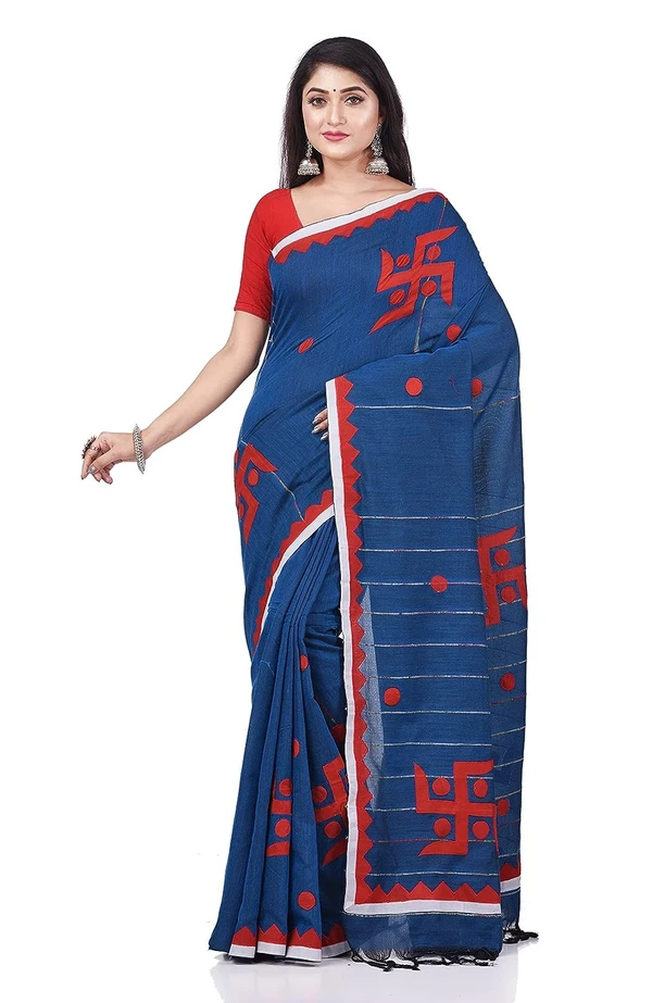 Handloom Swastika Aplique Saree - Blue, Cotton Silk