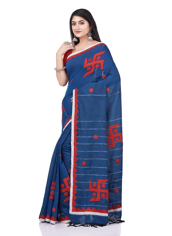 Handloom Swastika Aplique Saree - Blue, Cotton Silk