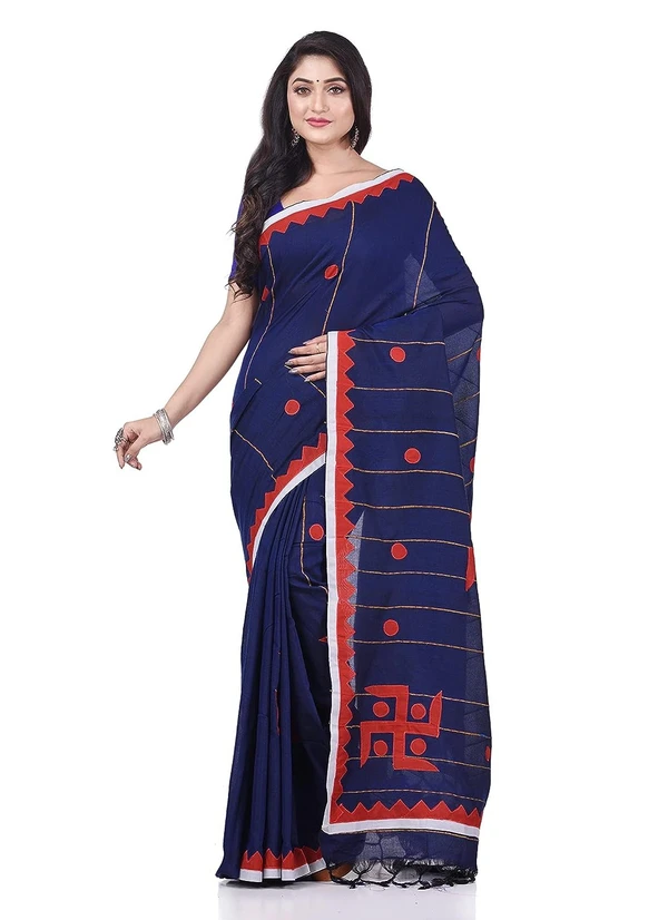 Handloom Swastika Aplique Saree - Navy Blue, Cotton Silk