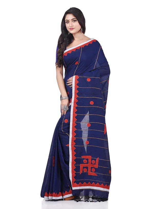 Handloom Swastika Aplique Saree - Navy Blue, Cotton Silk