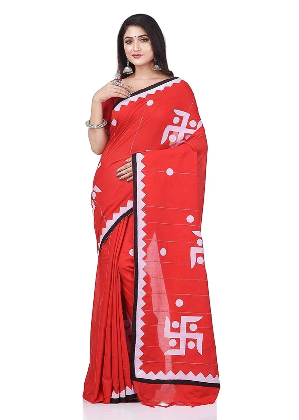 Handloom Swastika Aplique Saree - Red, Cotton