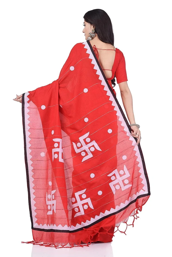 Handloom Swastika Aplique Saree - Red, Cotton Silk