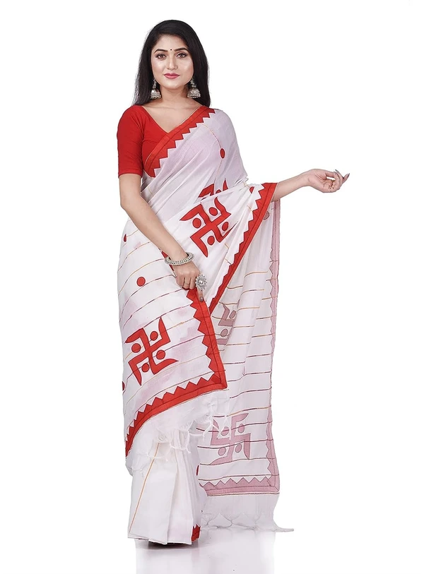 Handloom Swastika Aplique Saree - White, Cotton Silk