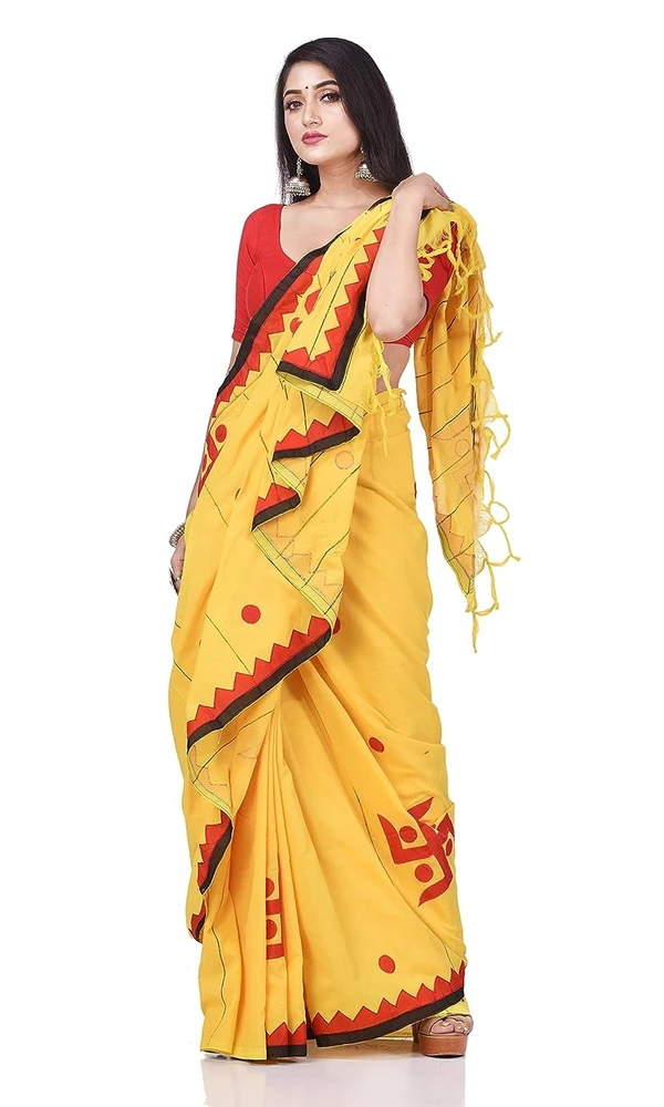 Handloom Swastika Aplique Saree - Yellow, Cotton