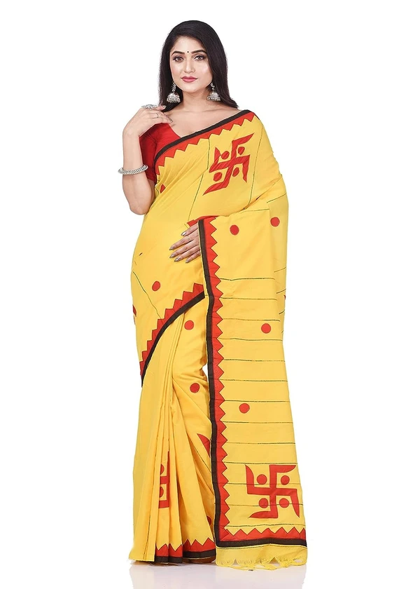 Handloom Swastika Aplique Saree - Yellow, Cotton